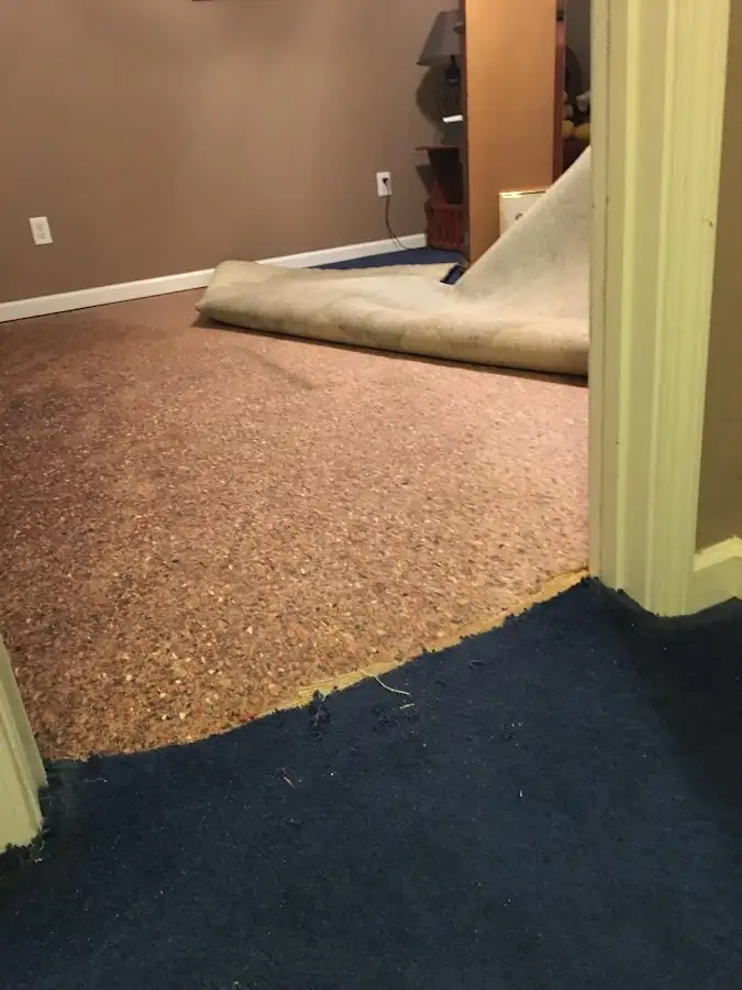 Carpet pad removal revealing water damage during Water Mitigation Services in Garland